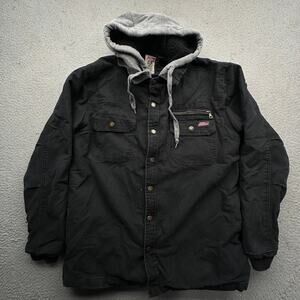 Dickies Canvas Hooded Work Jacket Men Medium Black Zip Snap Button Quilted Lined